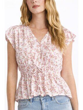 Time And Tru Cotton Floral Peplum Top w/ Flutter Sleeves & Smocked Tie Waist XS